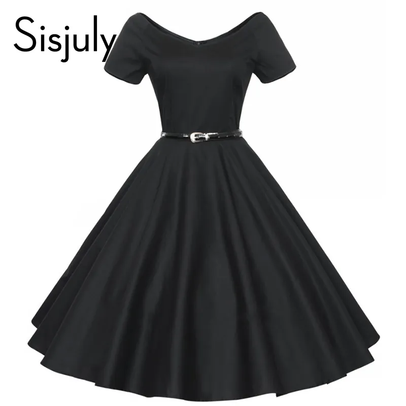 Wholesale Sisjuly vintage autumn dress a line solid women party dress with sashes and short sleeve retro 1950s rockabilly vintage dresses