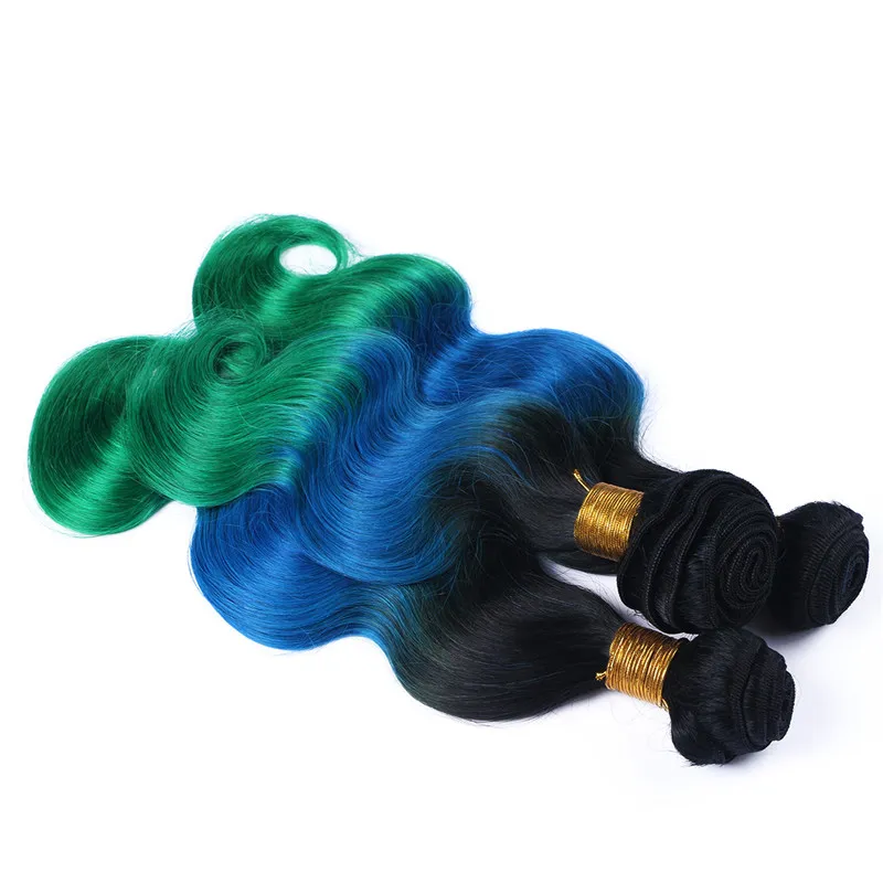 1b Blue Green Dark Root Ombre Brasilianska Human Hair Buntlar Body Wave Virgin Remy Human Tree Tone Ombre Hair Weaves Extensions