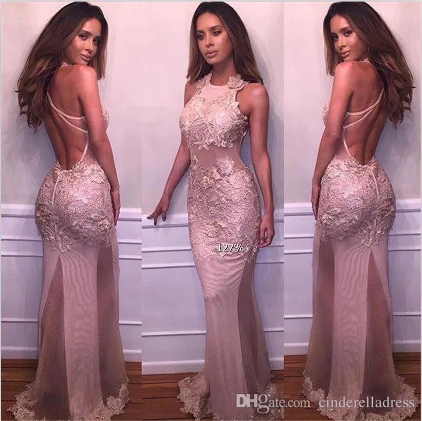 2022 Sexy Nieuwe Dusty Rose Mermaid Prom Dresses Halter Hals Kant Applicaties Sexy Backless Avondjurken Formele Party Pageant Jurken BA4359