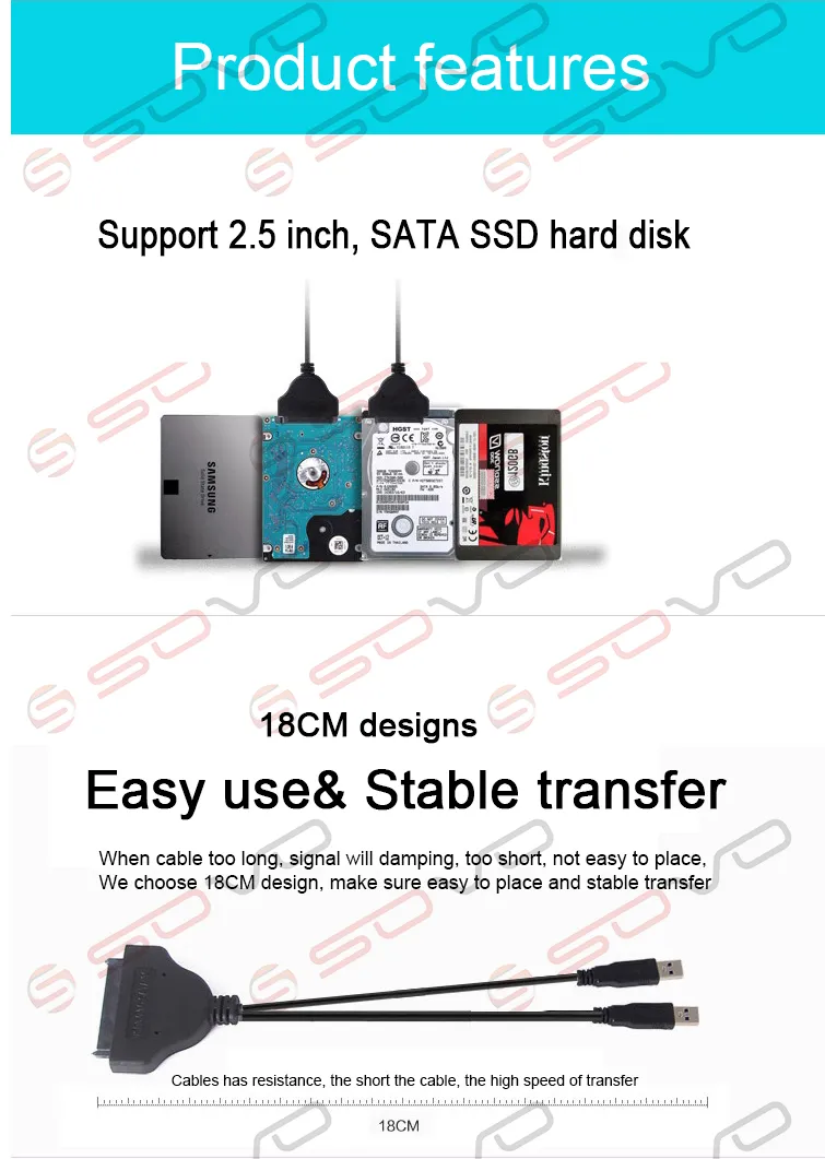 USB to SATA Cable Data Transfer USB 2.0 to SATA 7 + 15P Cable Support 2.5 inch, SATA SSD hard disk