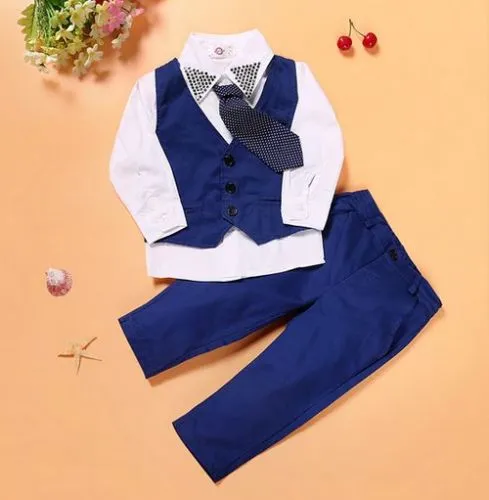 Kinderset lentekleding voor 4-delige jongenskledingpakken met stropdasoverhemden Katoenen herenvestjeans