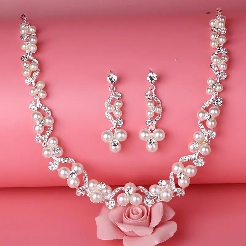 Beauté argent fleur perles collier de mariée diadème boucle d'oreille costumes 3 pièces bijoux costumes mariage bijoux de mariée P4190031800829