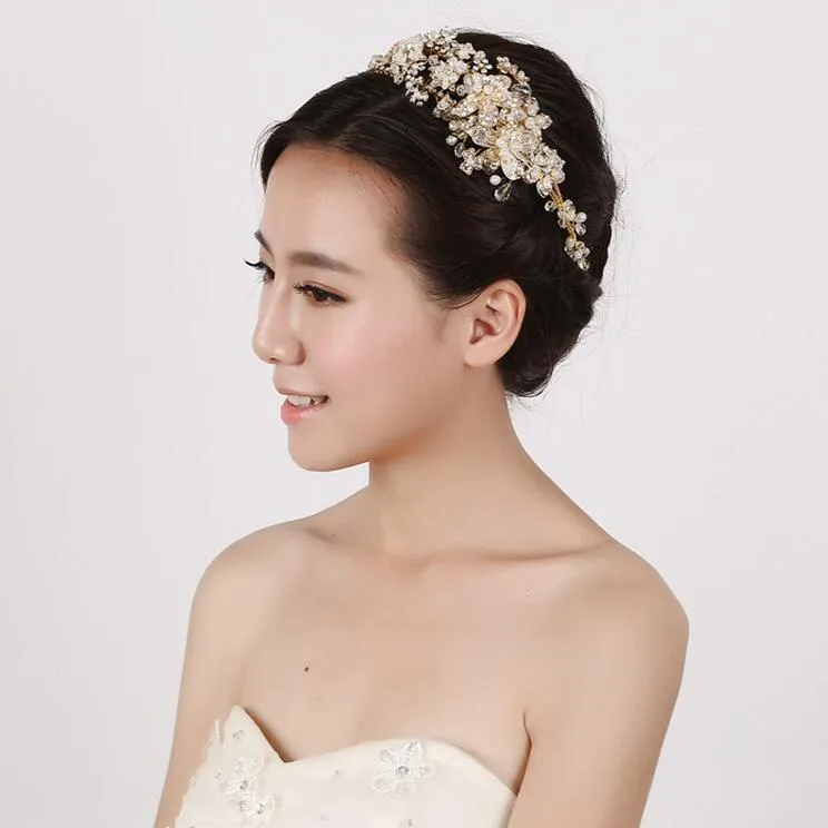 Pearls Wedding Crown Tiaras With Plant Pattern Cheap Bridal Headpiece Flowers Crown Headband Vintage Gold Baroque Crowns For Party6899953