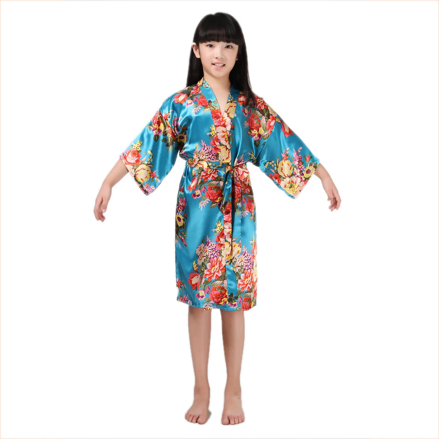 Kinder Satin Rayon Kimono Robe Blumendruck Bademantel Kinder Nachthemd für Spa Party Hochzeit Geburtstag