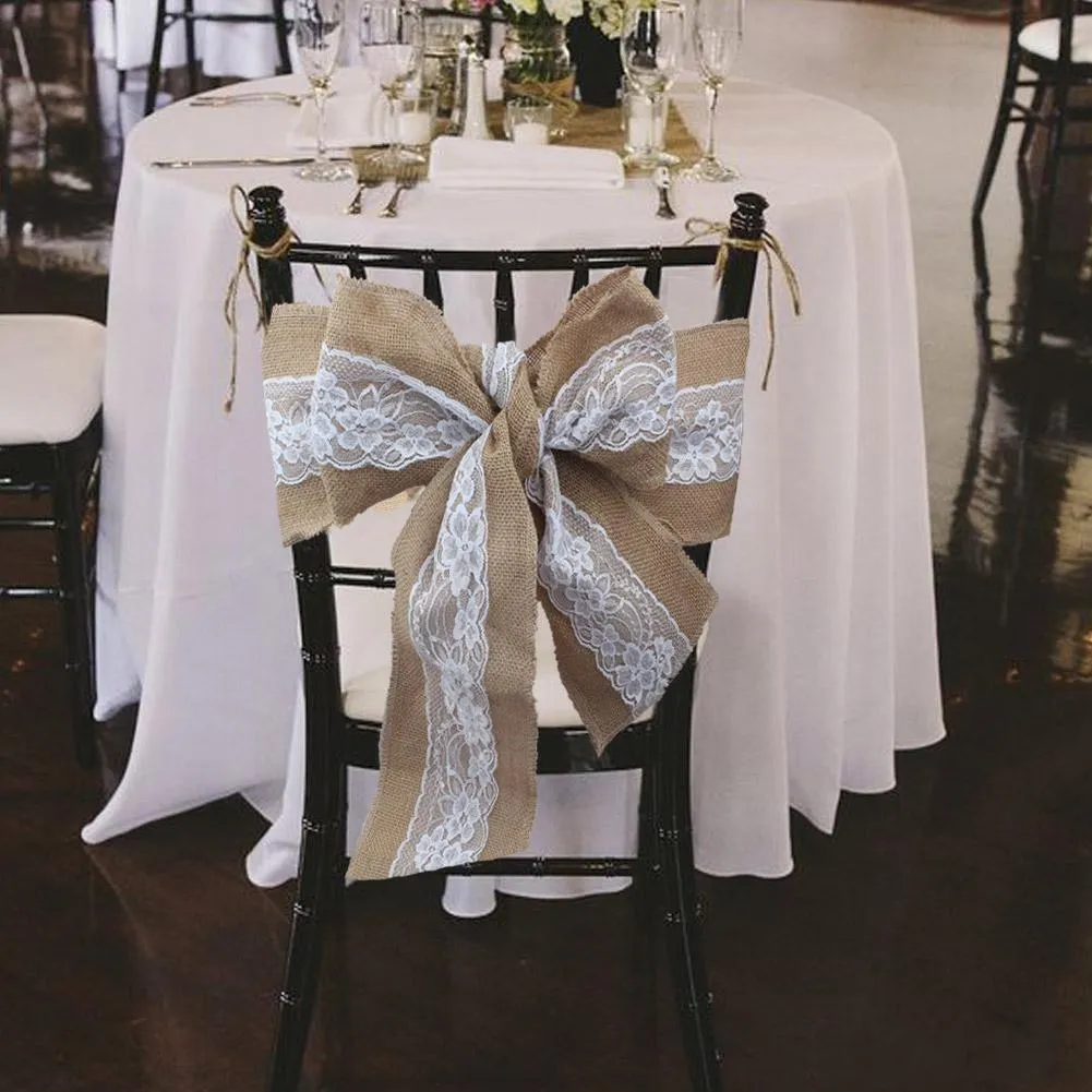 240 x 15cmのレースのちょう結び黄麻布の椅子サッシ自然なヘッセンジュートリネン素朴な椅子のカバーのネクタイ結婚椅子の装飾Diy工芸品