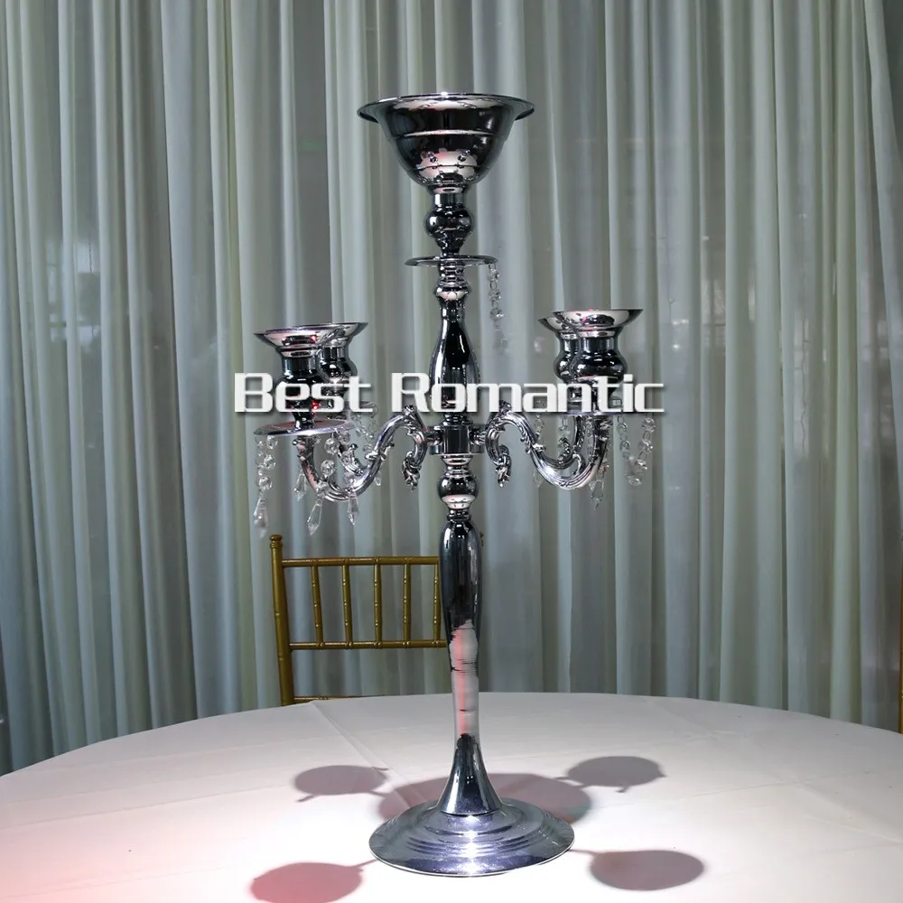 실버 높이 76cm 골드 5 헤드 크리스탈 Candelabra, 캔들 홀더, 웨딩 센터 피스, 꽃 그릇 펜던트가 달린 캔들 홀더