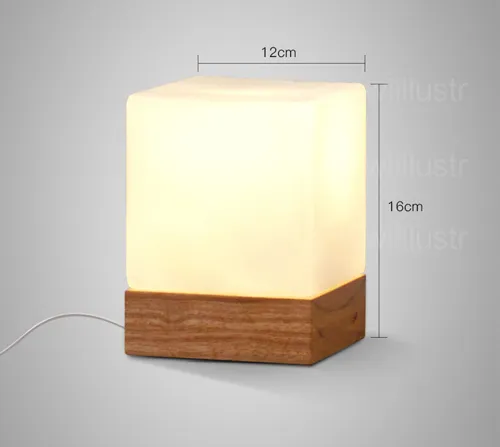 Willlustr Cubi Table Lamp Cubic Frosted Glass Shade Oak Wood Base