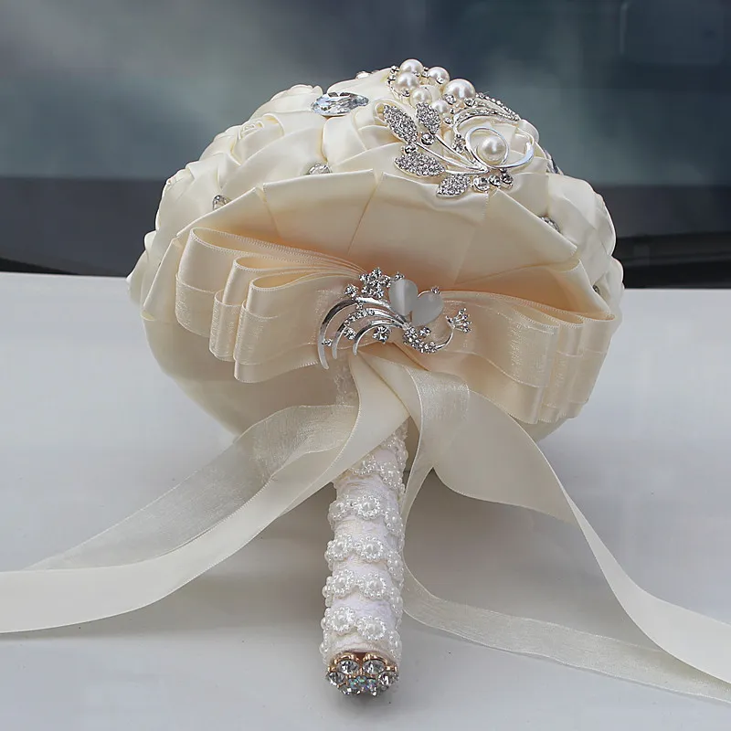 Ivory Wedding Bouquets Rose Artificial Sweet 15 Quinceanera Bouquet Crystal Silk Ribbon New Buque De Noiva W228B 6759290