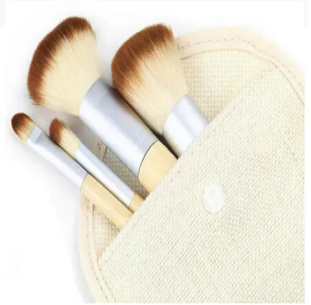 Partihandel-Naturliga bambuhandtag Makeupborstar Set Kosmetik Verktyg Kit Blush Borstar med linne Väska Gratis frakt