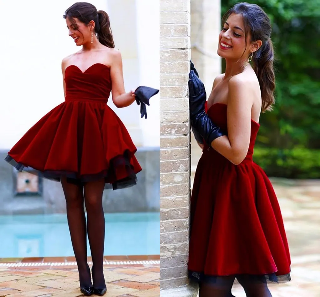 Burgundy Velvet Kısa Balo Elbiseleri Ballkleider Mini Eve Gown Tül Balo Elbise Kabarık Kokteyl Partisi Tatlı 16 Elbise Özel Yapımı Çin