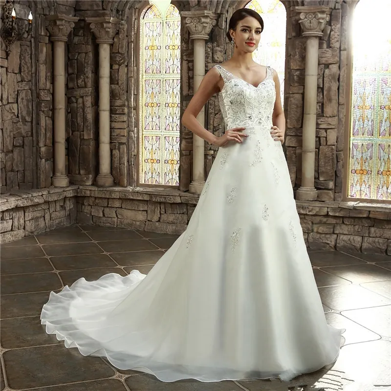 2017 Elegant Sexy V-Neck Backless A-Line Wedding Dresses With Appliques Sequin Plus Size Wedding Party Bridal Gowns Vestido De Novia BW05
