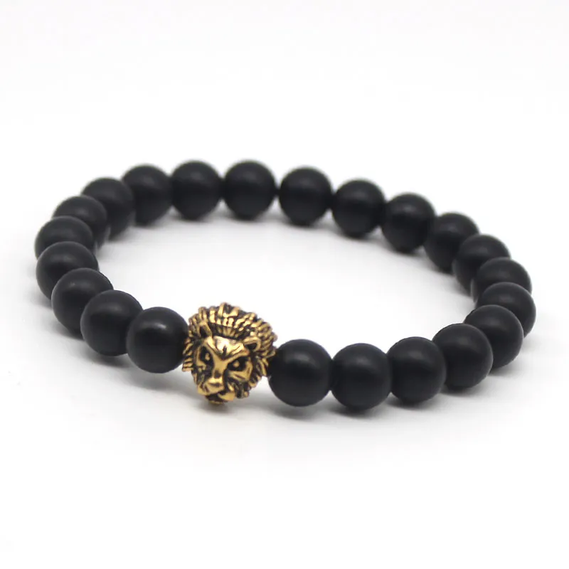 Antique couleur or bouddha tête de Lion Bracelet d'amulette pierre de lave noire énergie perle Bracelets Pulseras Hombre bijoux