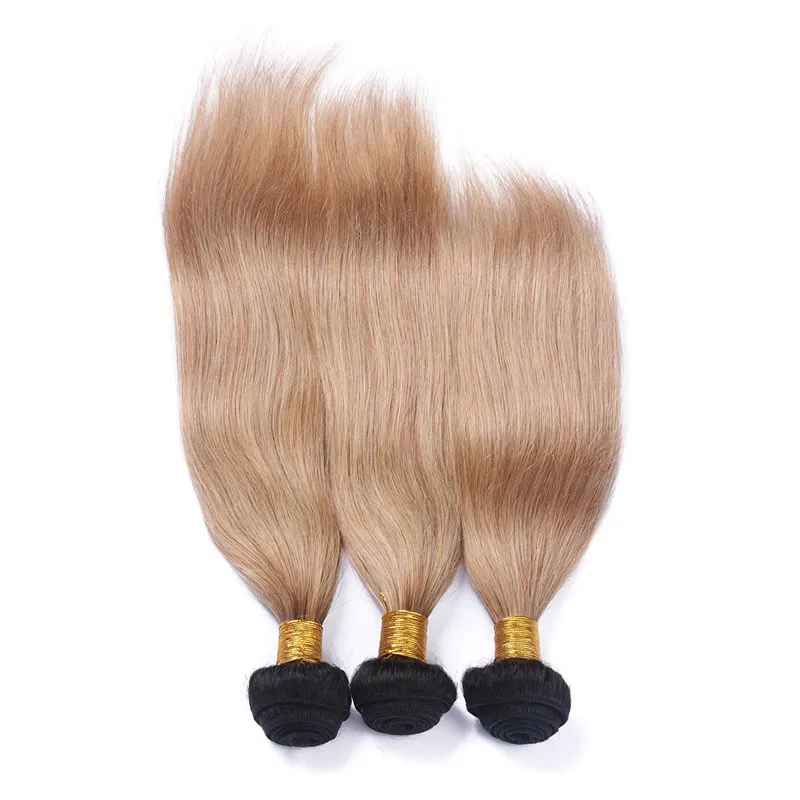 Donkere wortel 1B27 Honingblond Ombre 4x4 vetersluiting aan de voorkant met weeft Recht Aardbeiblond Ombre Peruaans haar 3 bundels met7214910