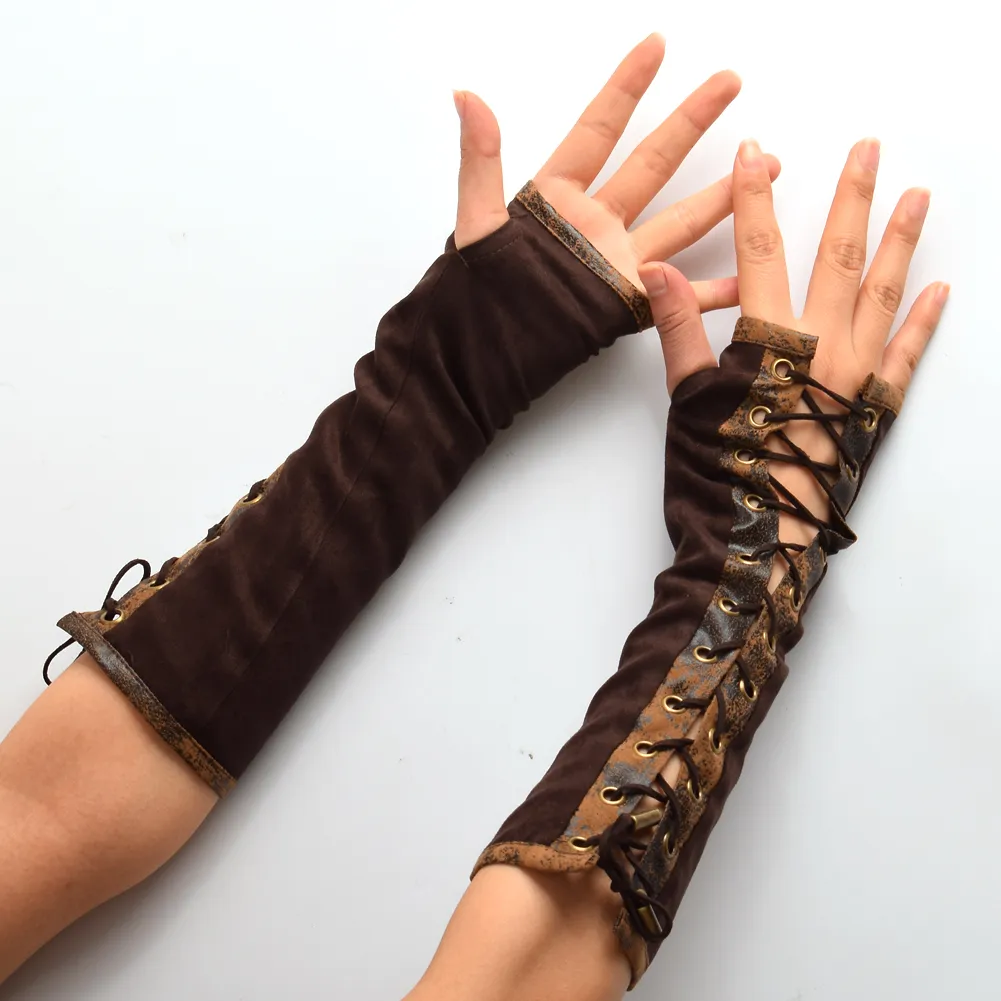 1pair vrouwen steampunk lolita armbanden hand manchet vintage Victoriaanse tie-up bruin mittens handschoenen cosplay accessoires Nieuw