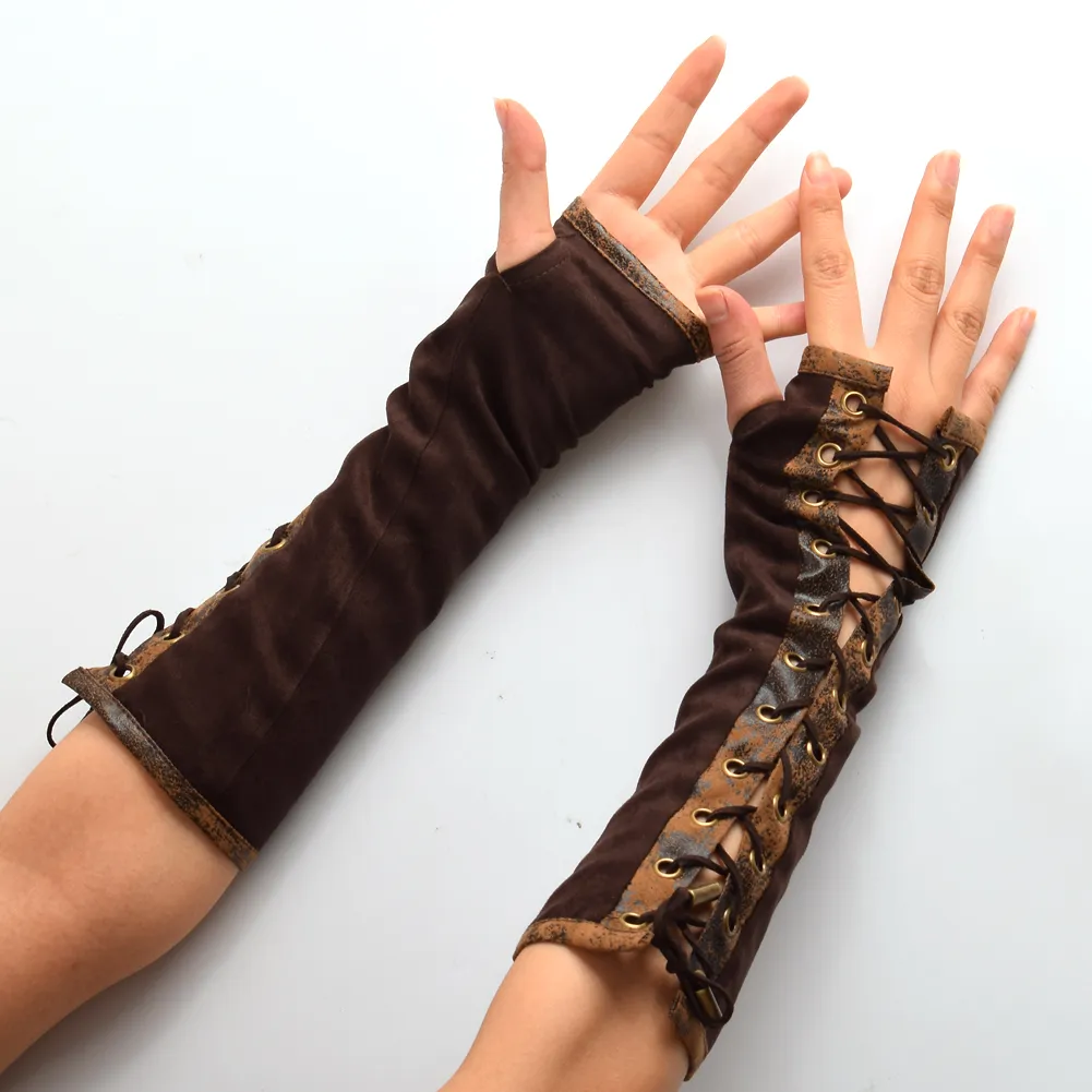 1Pair Women Steampunk Lolita Armbands Hand manschett Vintage viktoriansk tie-up Brown Mittens handskar cosplay accessoarer nya