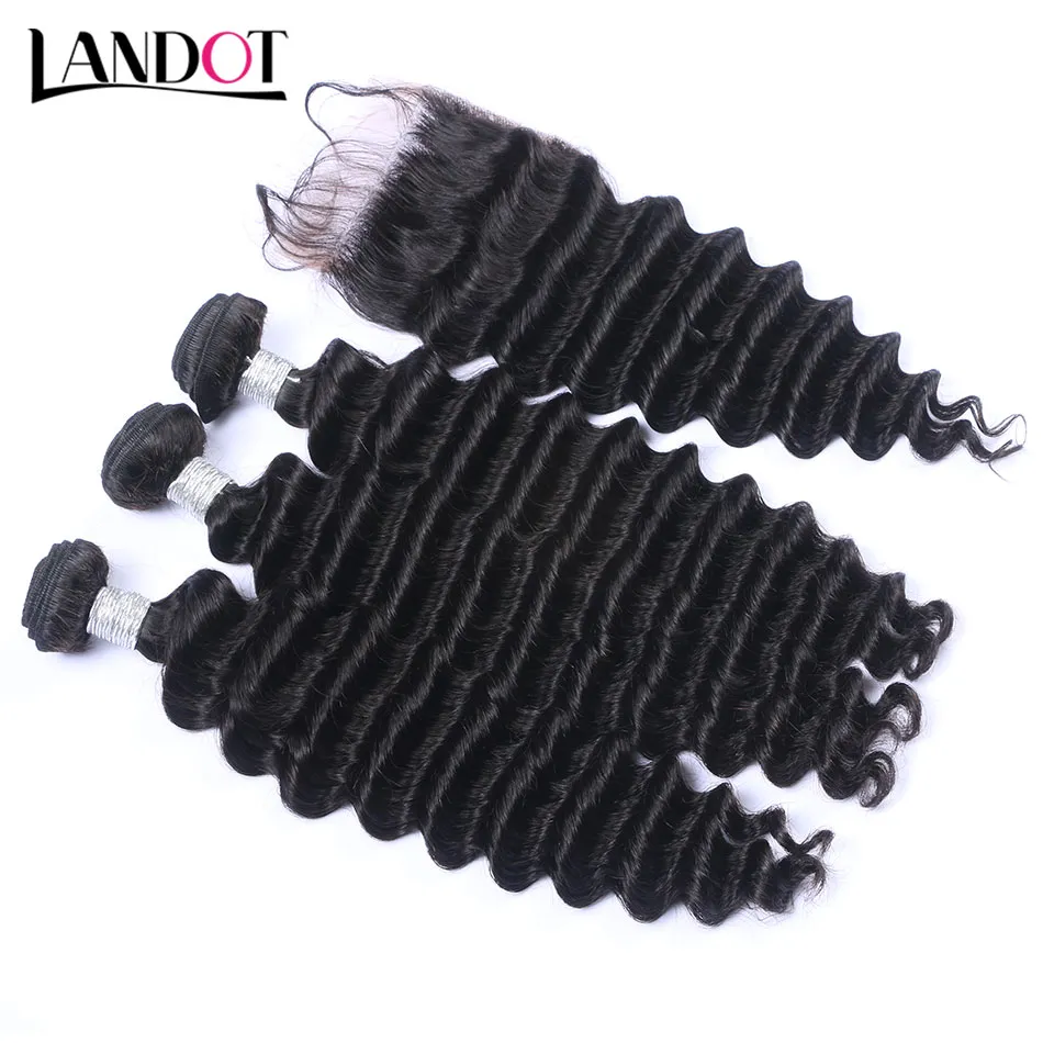 Peruanska malaysiska brasilianska Virgin Hair Weaves 3 buntar med topp spetsavslutning Deep Wave Curly 8a Indian Cambodian Remy Mänskliga hårförslutningar