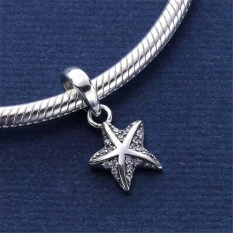 925 Sterling Silver Pendant Charm Tropical Starfish Clear Cz Floating Charms Fits European Style Jewelry Necklace Bracelet Only Pendant