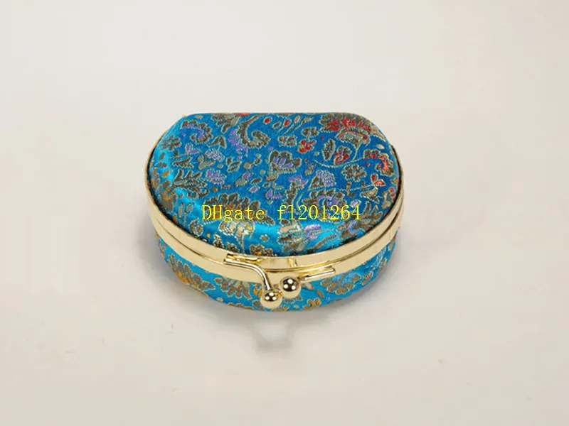 50st / mycket nyaste halvrunda bärbar liten presentbrocade satin ring box smycken lagringslåda kosmetisk fodral med spegel