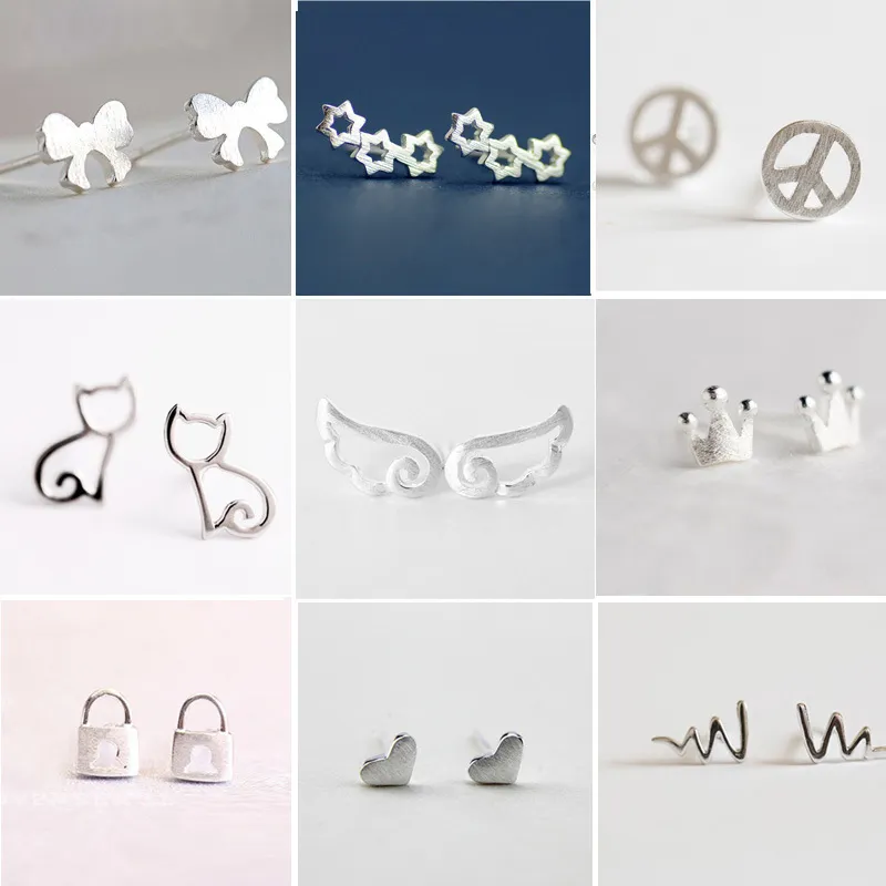 100 sztuk Darmowa Wysyłka 925 Posrebrzane Kolczyk Kreatywny Kształt Owce Star Ear Stud Koreański Styl Delfin Ptak Cute Kształt Kolczyki Stud