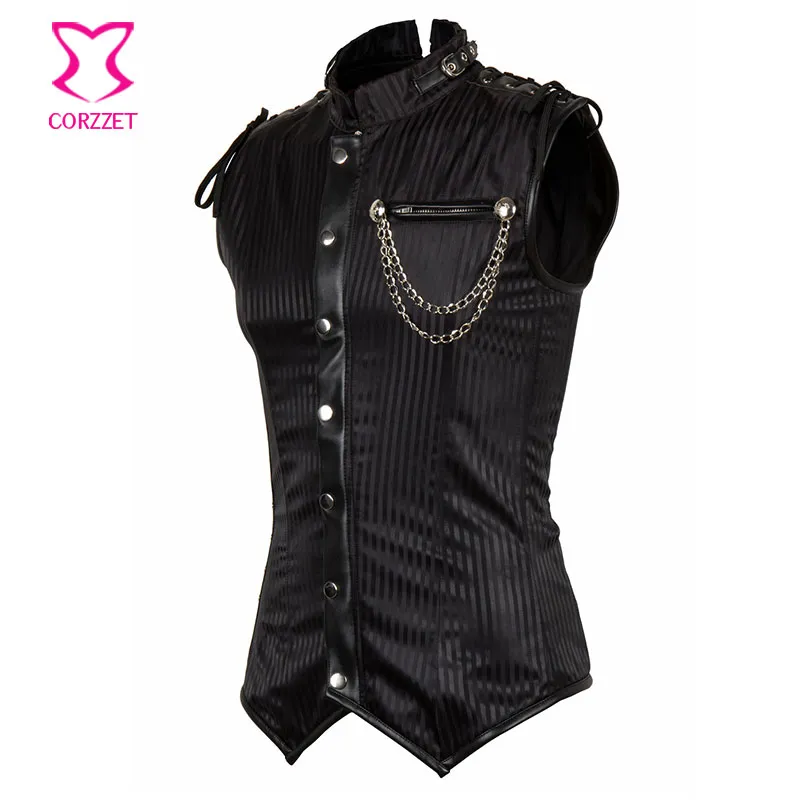 Wholesale Corzzet Mens Steampunk Corset Black Striped Stand Collar