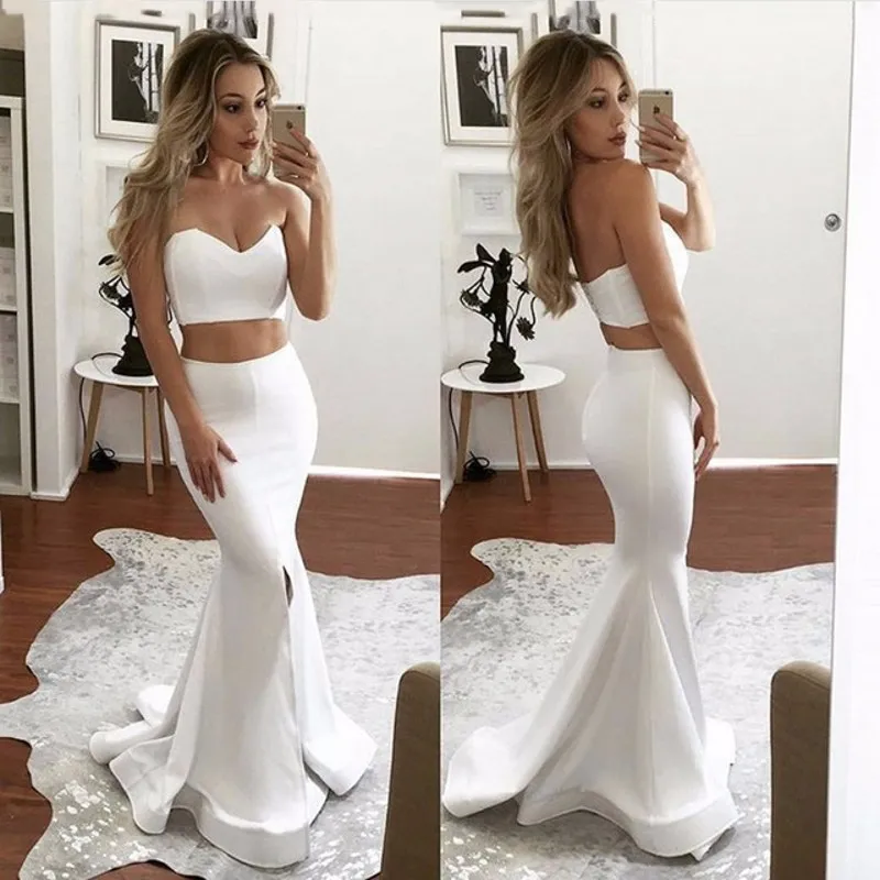 Custom Sexy Sweetheart White Satin 2 Piece Mermaid Prom Dresses Side Split Long Style Evening Party Dresses Vestido De Vesta