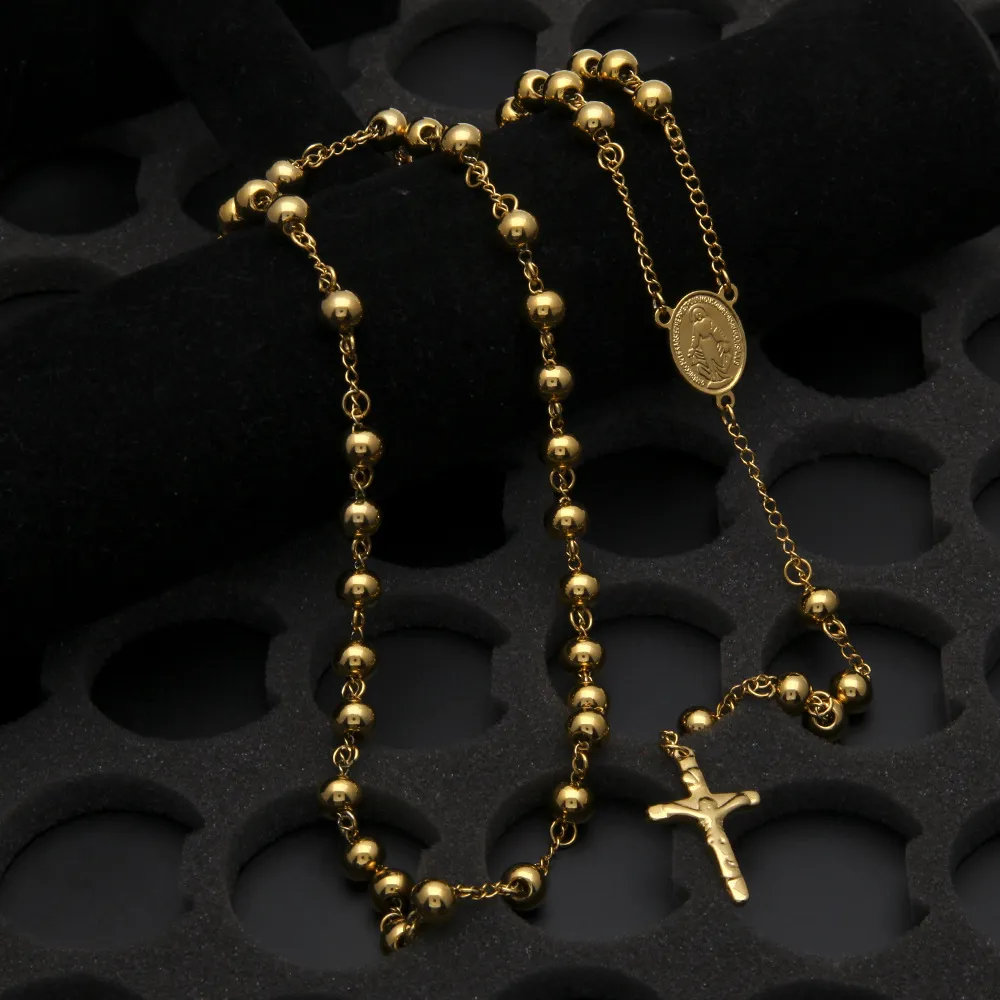 Catholic Goddess Virgen beads Rosary Jesus Crucifix Cross Pendant Necklace Jewelry Silver Gold Plated