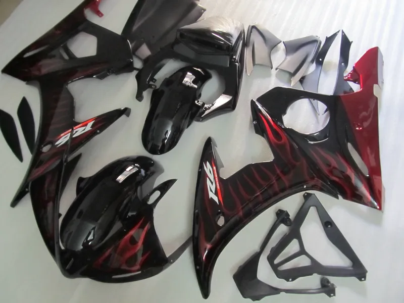 ABS Plastmakare för Yamaha YZF R6 03 04 05 Röda Flammor Svart Fairings Set YZF R6 2003 2004 2005 OT26