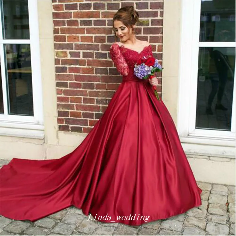 Abito da sposa in pizzo a maniche lunghe rosso bordeaux Abito da cerimonia nuziale da donna in raso con una linea Plus Size Vestido De noiva