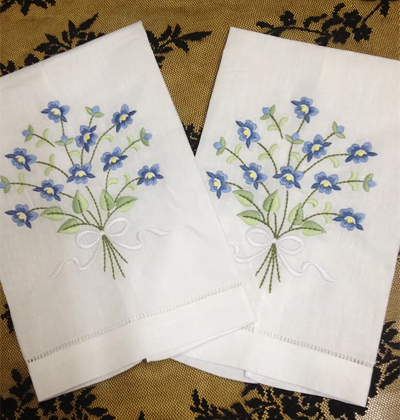 Home Textile White linen Guest Towel Hand Towel 12PCS/lot 14"x22"Beautiful Embroidered and Hemstitched Edges White Linen Ladies Handkerchief