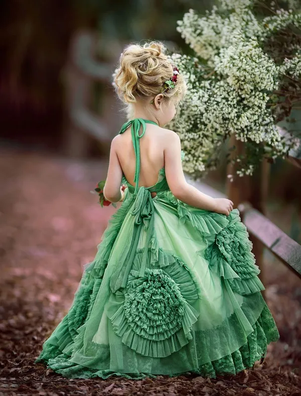 Kant applique bloem meisjes jurken backless spaghetti nek communie jurk vloer lengte prinses jurken met sjerp