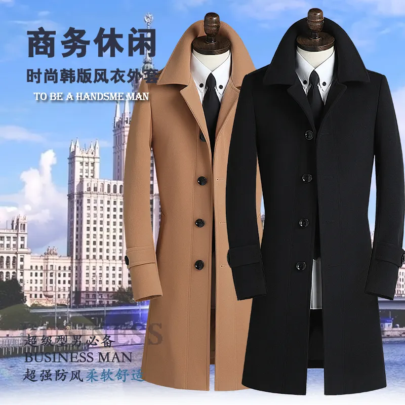 Groothandel- Black Khaki Grijs 2016 Herfst Mens Trench Coat Mens Cashmere Coat Casual Slim Long Design Winter Wol Jas Mannen Kleding S - 9XL