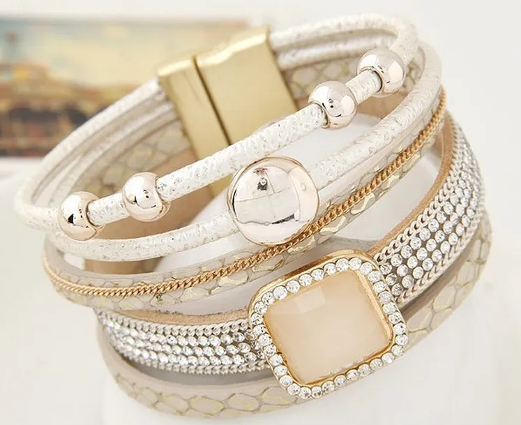 Nouveau Gem Strass Magnétique Bracelets En Cuir Bracelets Bohème À La Main Multicouche Wrap bijoux Femmes cadeau pulseira