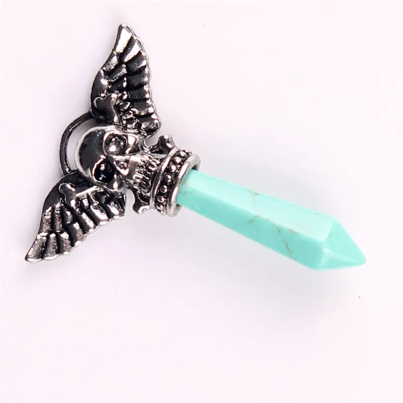 New Style 6 Kinds Alloy Skeleton Ghost Wings Charms Natural Lapis Lazuli Pink Crystal Amethyst Synthesized Opal Turquoise Green Pendulum