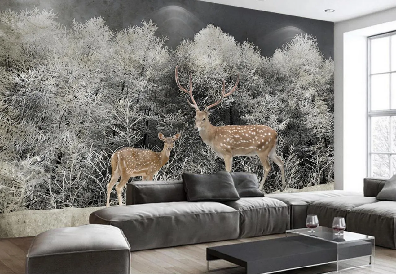 Nordic Belle photo Papier peint Murales Winter Forêt d'hiver Animal de Parede 3D Simple Simple Simplicity TV