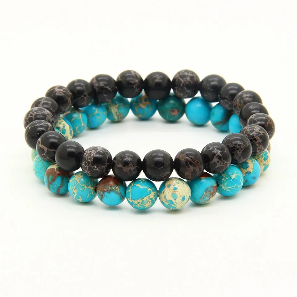 Vente en gros Nouveau / Mix Couleurs 8mm Bonne Qualité Bleu, Rouge, Noir, Turquoise Mer Sédiments Pierres Énergie Couples Bracelets Perlés