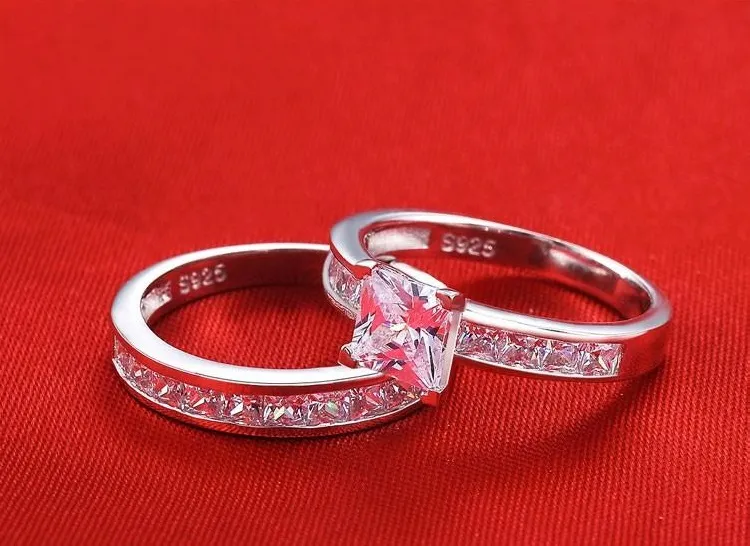 Ny varumärke av högsta kvalitet verklig 925 Sterling Silver Diamond Wedding Par Rings uppsättning för kvinnor Silver Bröllopsengagemang Fina 5035245