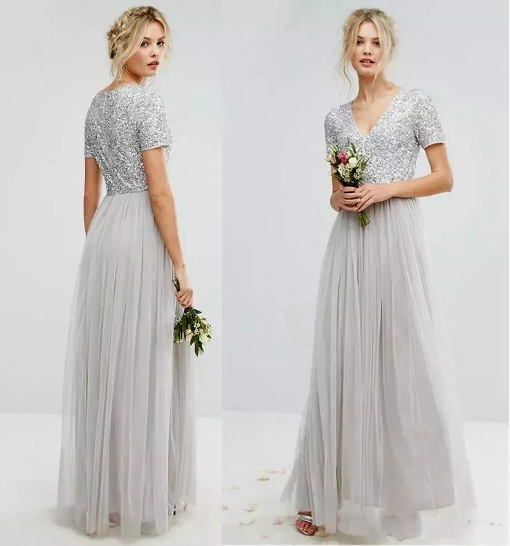 Kraj Długie Cekiny Suknie Druhna 2019 Sliver Krótki Rękaw V Neck Plus Size Suknie Tulle A-Line Maid of Honor Dress Maidendy