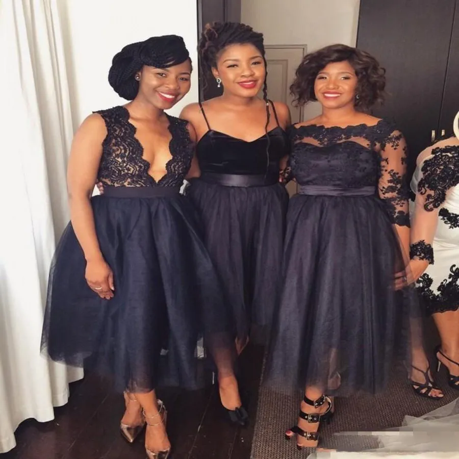 Nijerya Siyah Dantel Ve Tül Gelinlik Modelleri 2017-2018 Çay Boyu Nedime Abiye Spagetti Derin V Boyun Düğün Konuk Örgün Elbise