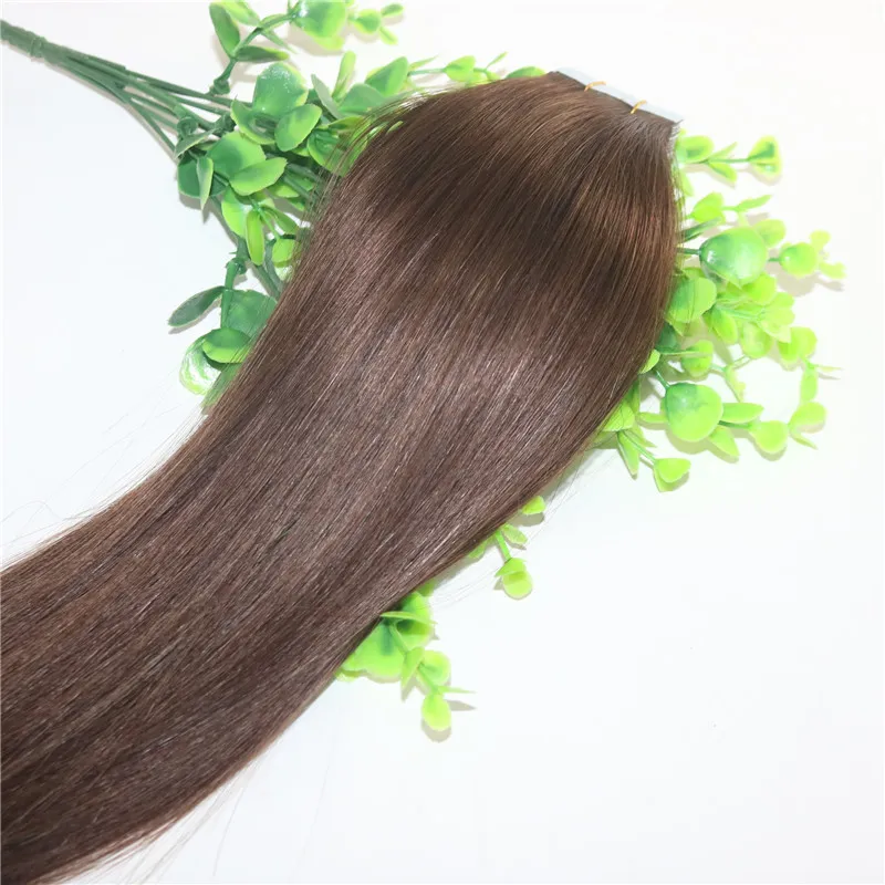 Tape i mänskliga hårförlängningar Medium Brown # 4 100gram Remy Tape Hair Extensions Skin Weft Tjockände