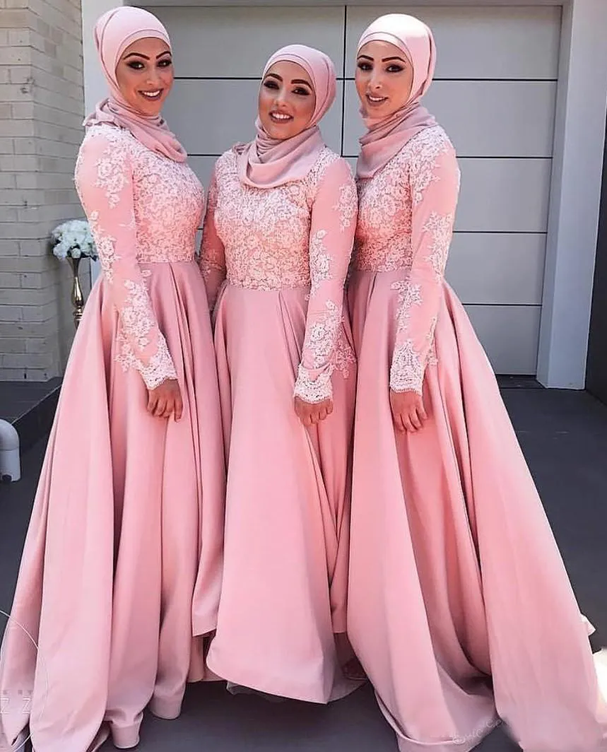 Modest 2019 muçulmano dama de honra vestidos alto pescoço longo manevada uma linha rosa laço e cetim árabes modernos vestidos de convidado de casamento feito sob encomenda