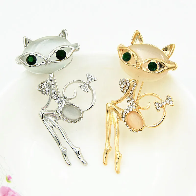 Broche de chat sexy en pierre d'opale jolis cristaux verts yeux belle broche de chat broches filles écharpe broches