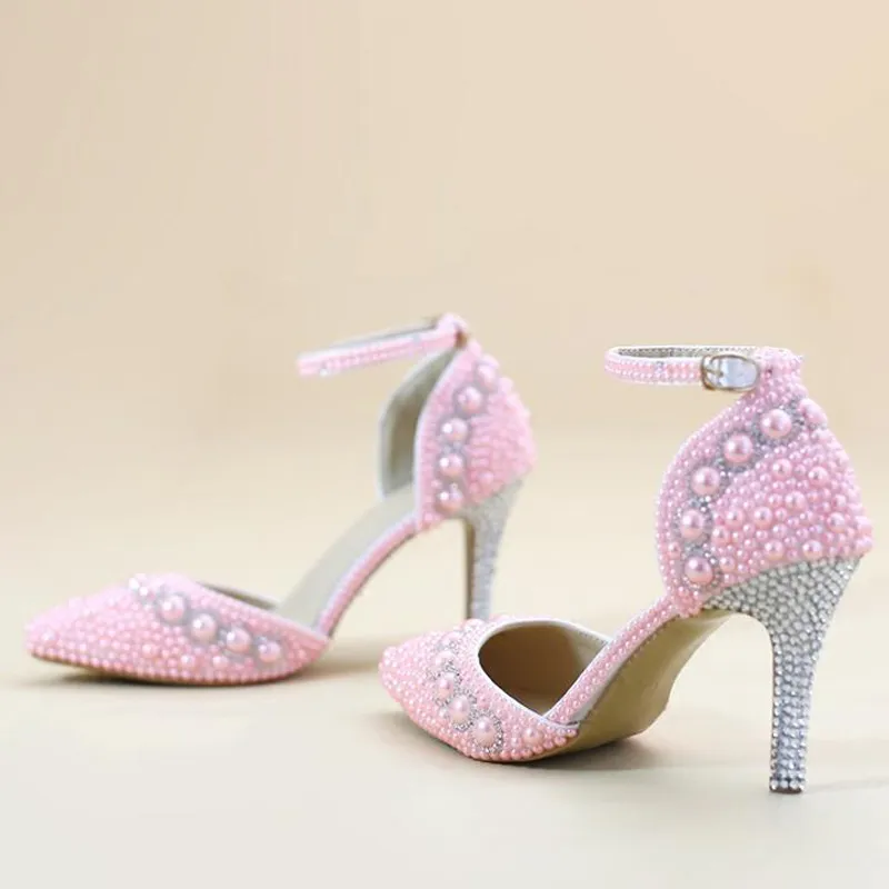 Women Summer Sandals Pointed Toe Rhinestone Pearl Wedding Party Shoes Gorgeous Bridal Shoes with Ankle Straps White Red and Pink308l