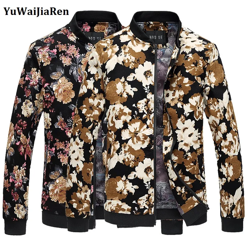 도매 - Yuwaijiaren 자켓 남성 캐주얼 남성 코트 스탠드 칼라 남성 재킷 패션 Jaqueta Masculina 꽃 인쇄 야구 코트