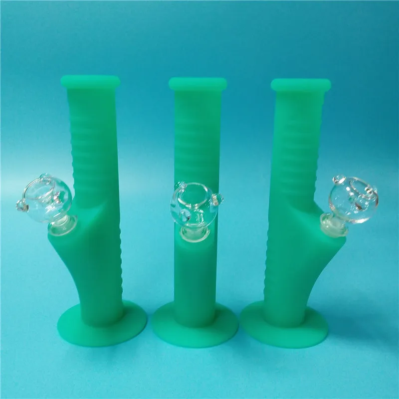 Glow In Dark Green Mini Silicone Water Bongs Dix Couleurs Avec 14mm Verre Set Pipes À Eau Bangs Incassables Bubbler Pipes