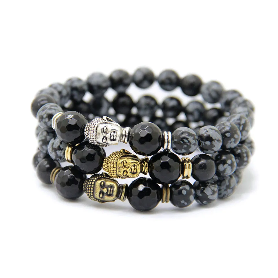 Hot Sale Smycken Snowflake Obsidian Antik Silver Buddha Bracelet Yoga Armband Nya produkter för Herr och Kvinnors Present