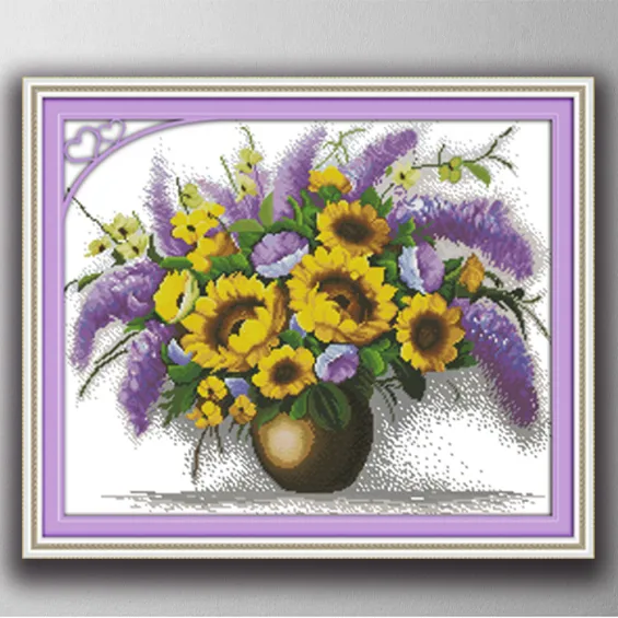 Färgrik blomma vas hem dekor målning, handgjorda korsstygn broderi Needlework set räknat utskrift på duk DMC 14ct / 11ct