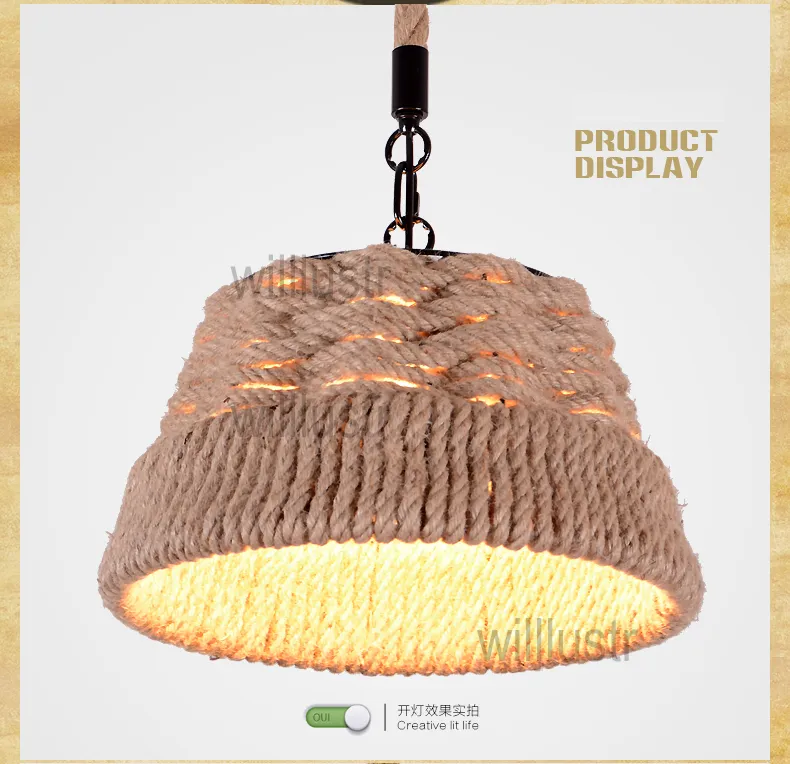 Lámpara colgante de cuerda de cáñamo Willlustr, lámpara colgante de estilo country americano, bombilla Edison para loft, iluminación colgante de material natural