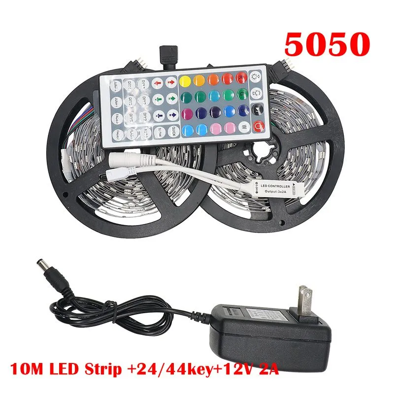 SMD 5050 Waterproof RGB LED Strip Light 5m/10m/set 30 Leds/m +24/44 Keys Remote Controller +12V 2A Power Adapter