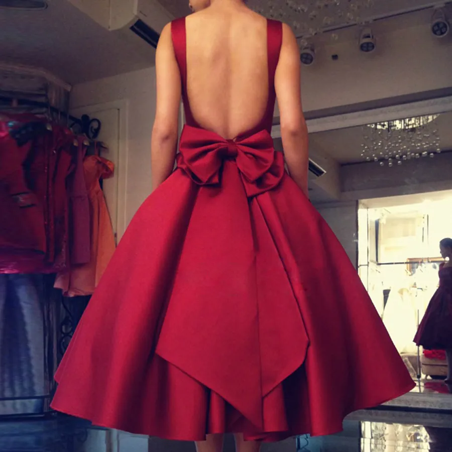 Sexy dos nu 2019 robe de soirée avec nœud thé rouge longueur Satin robes de bal sans manches robe de soirée formelle pour fille femmes