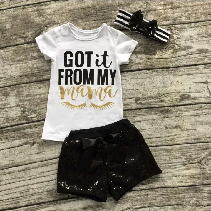 Coole Baby-Kleidungssets für Mädchen, Baumwoll-T-Shirt + Pailletten-Shorts + Stirnband, 3-teiliges Mädchen-Outfit, „Got it From My Mama“, Sommer-Kinderkleidungsset 2-6T